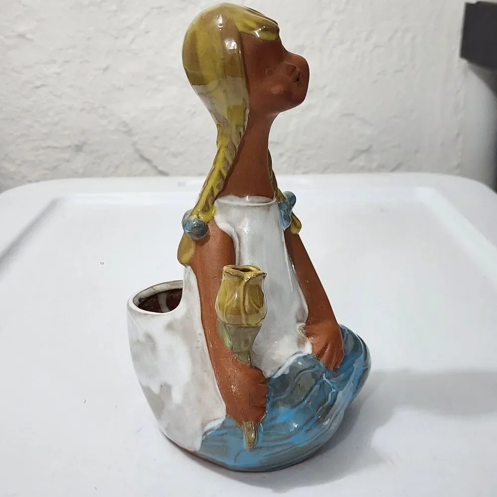 VTG MCM Art Pottery Stoneware Whistling Girl Head Vase Planter Clay Japan Style
